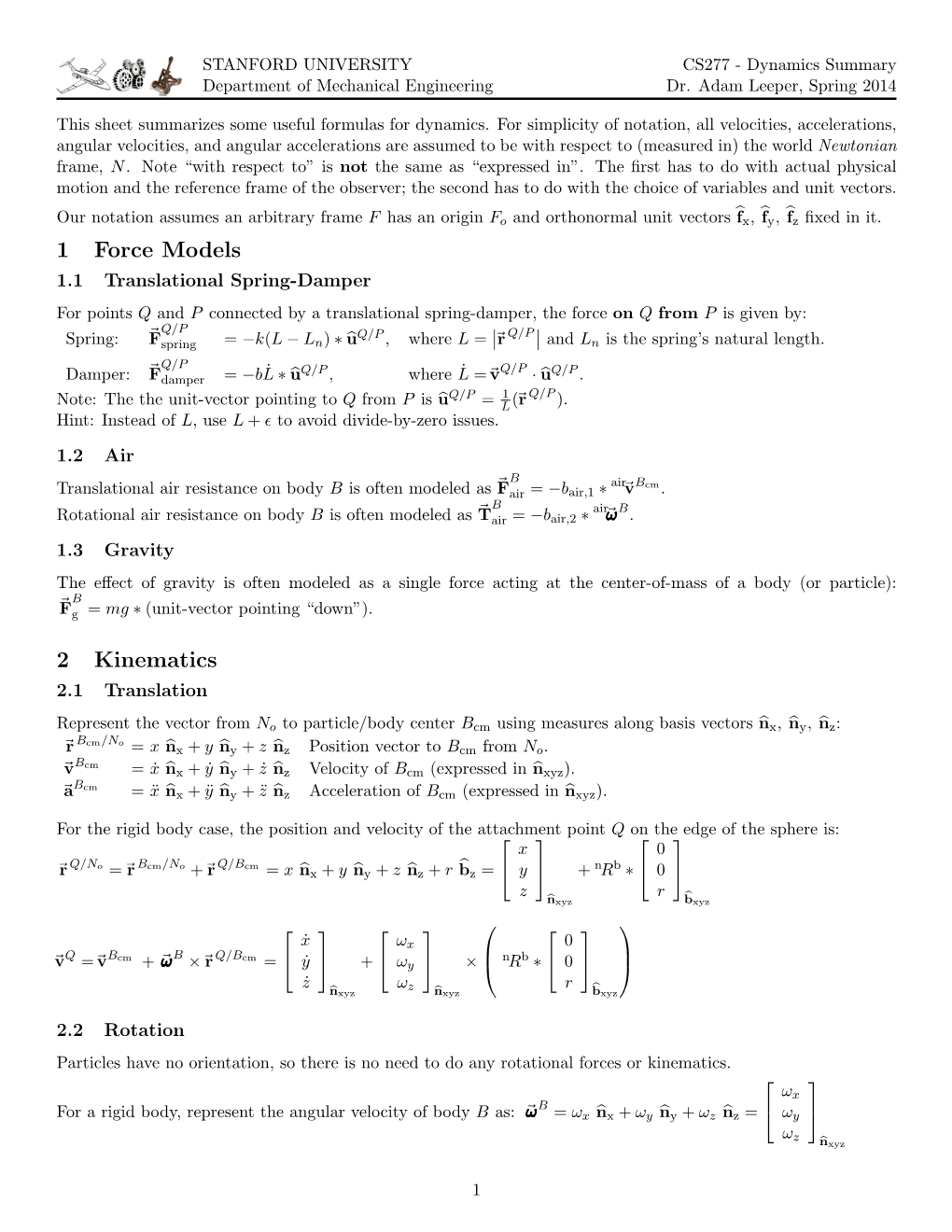 1 Force Models 2 Kinematics