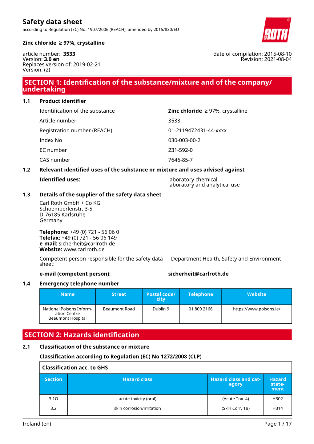 Safety Data Sheet: Zinc Chloride