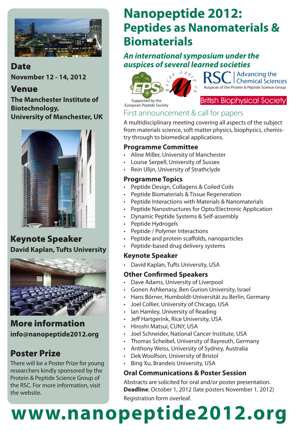 Nanopeptide 2012: Peptides As Nanomaterials & Biomaterials An