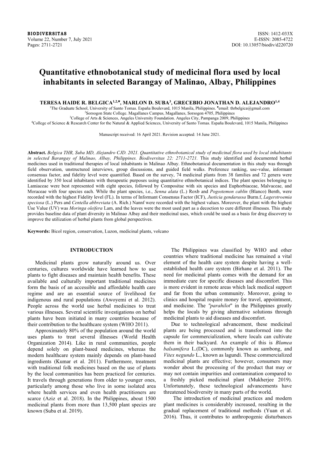 Quantitative Ethnobotanical Study of Medicinal Flora Used by Local Inhabitants in Selected Barangay of Malinao, Albay, Philippines