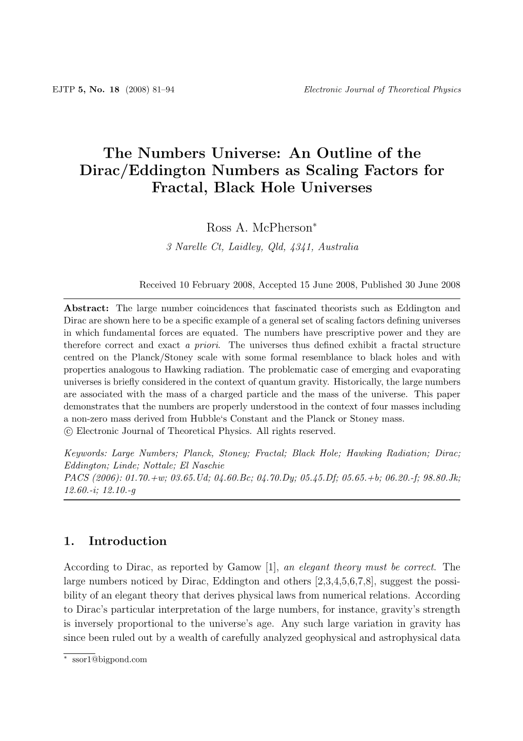 The Numbers Universe: an Outline of the Dirac/Eddington Numbers As Scaling Factors for Fractal, Black Hole Universes