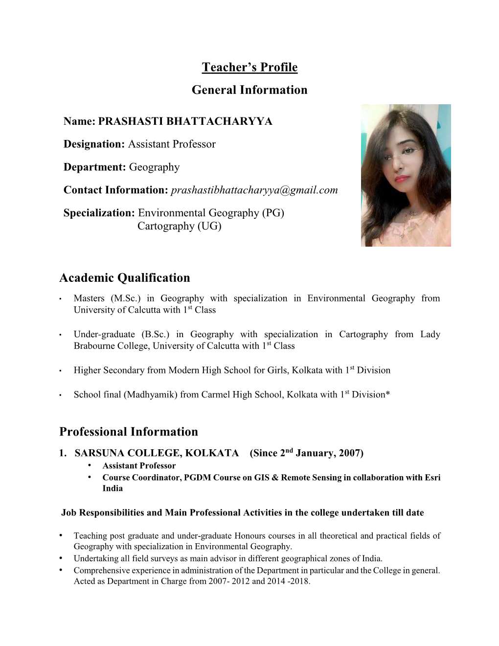 Teacher's Profile General Information Academic Qualification Professional Information