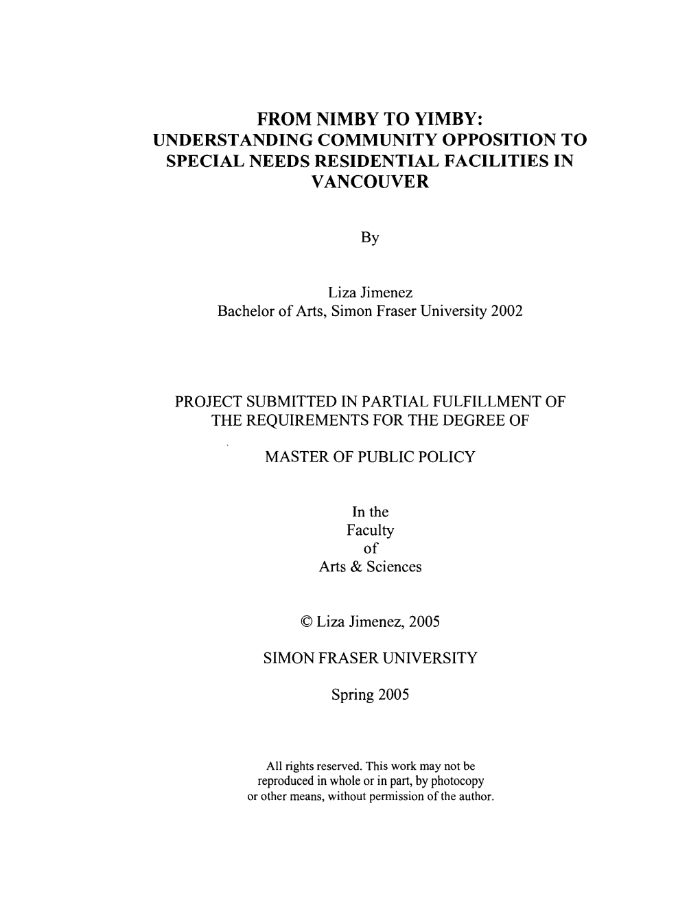 From Nimby to Yimby: Understanding Community Opposition to Special Needs Residential Facilities in Vancouver