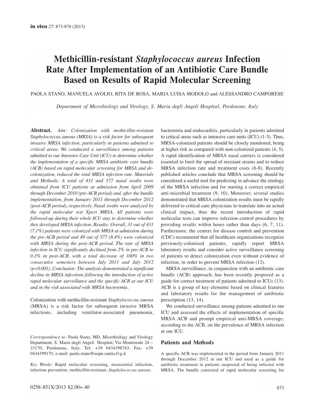 Methicillin-Resistant Staphylococcus Aureus Infection Rate After Implementation of an Antibiotic Care Bundle Based on Results of Rapid Molecular Screening