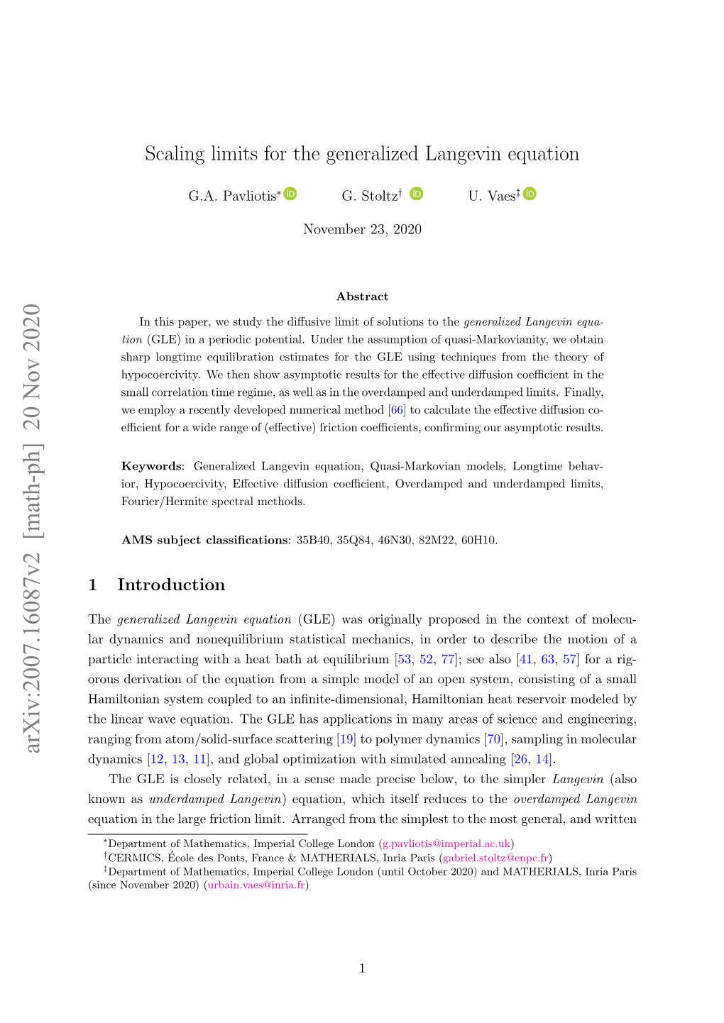 Scaling Limits for the Generalized Langevin Equation