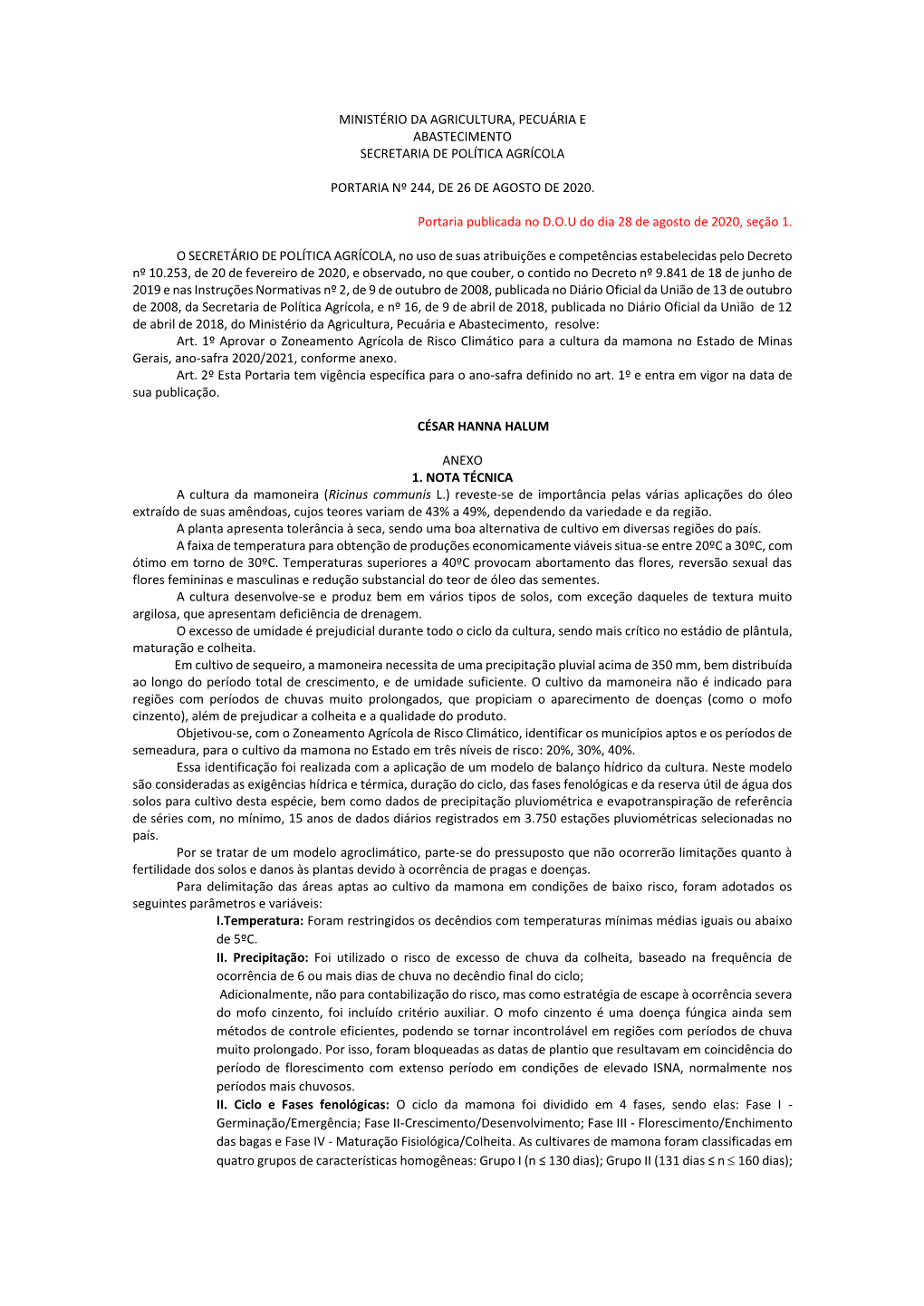 Ministério Da Agricultura, Pecuária E Abastecimento Secretaria De Política Agrícola