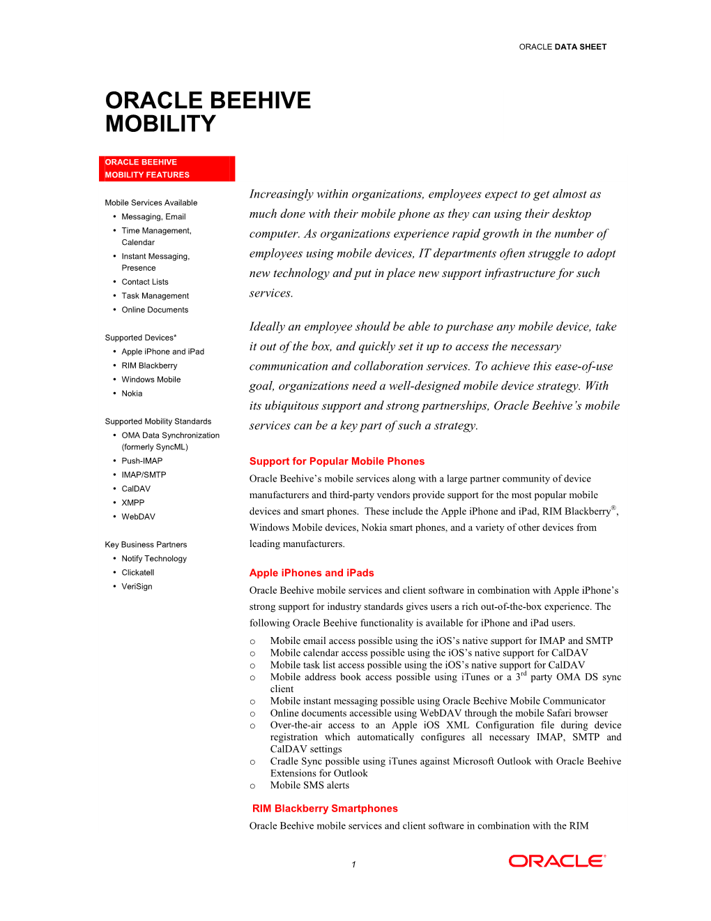 Oracle Beehive Mobility Data Sheet