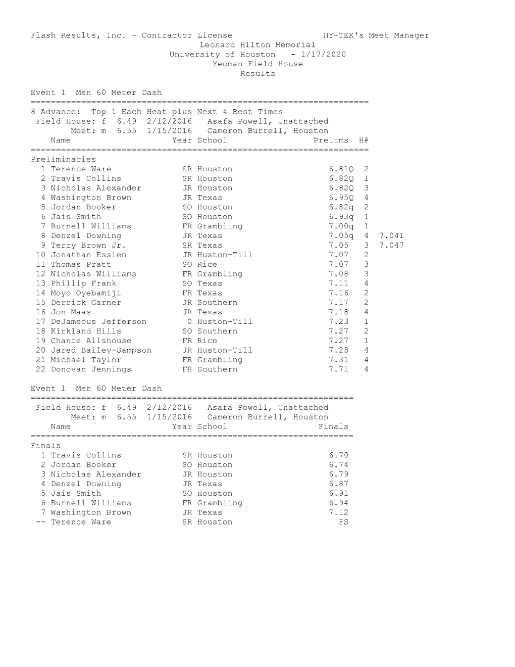 Flash Results, Inc. - Contractor License HY-TEK's Meet Manager Leonard Hilton Memorial University of Houston - 1/17/2020 Yeoman Field House Results