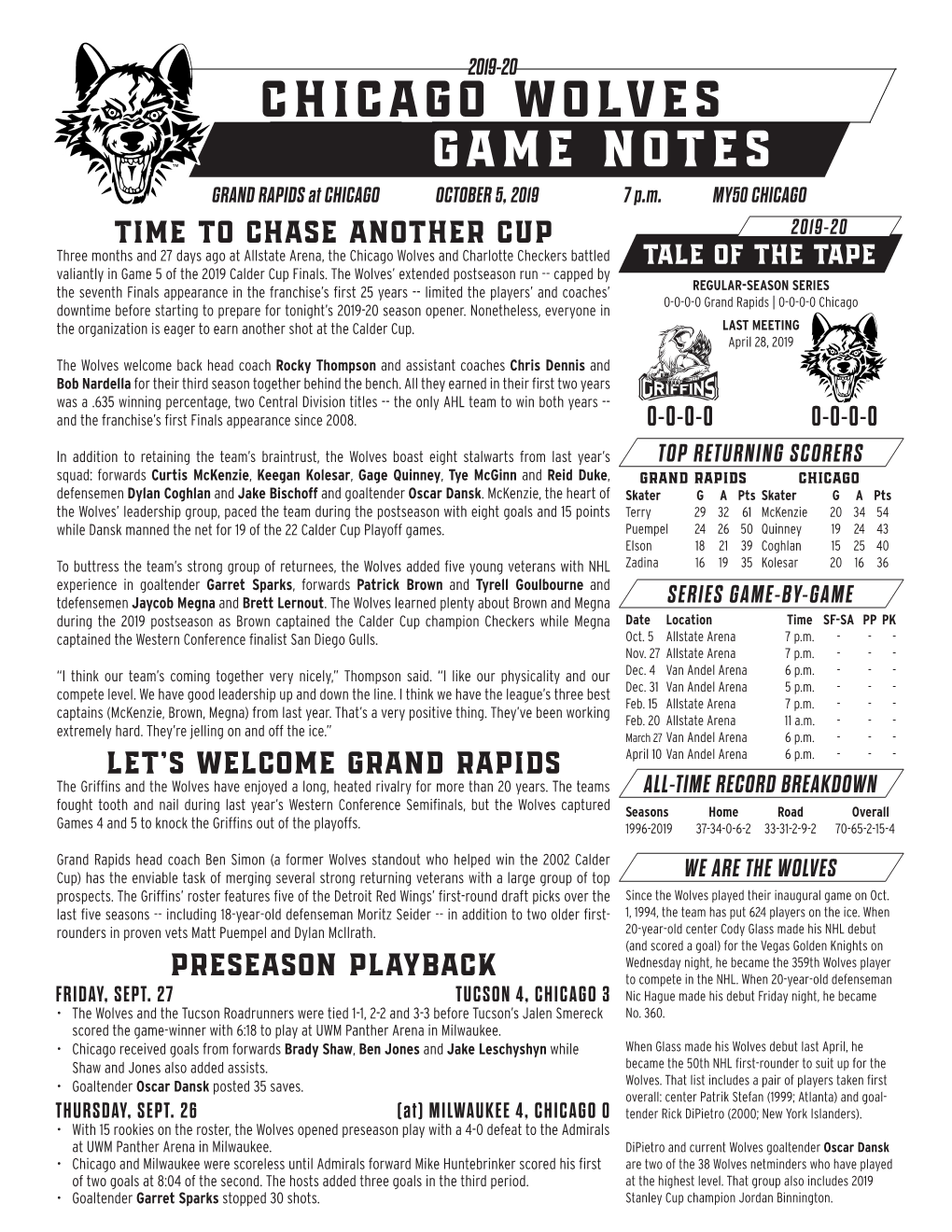 Chicago Wolves Game Notes GRAND RAPIDS at CHICAGO OCTOBER 5, 2019 7 P.M