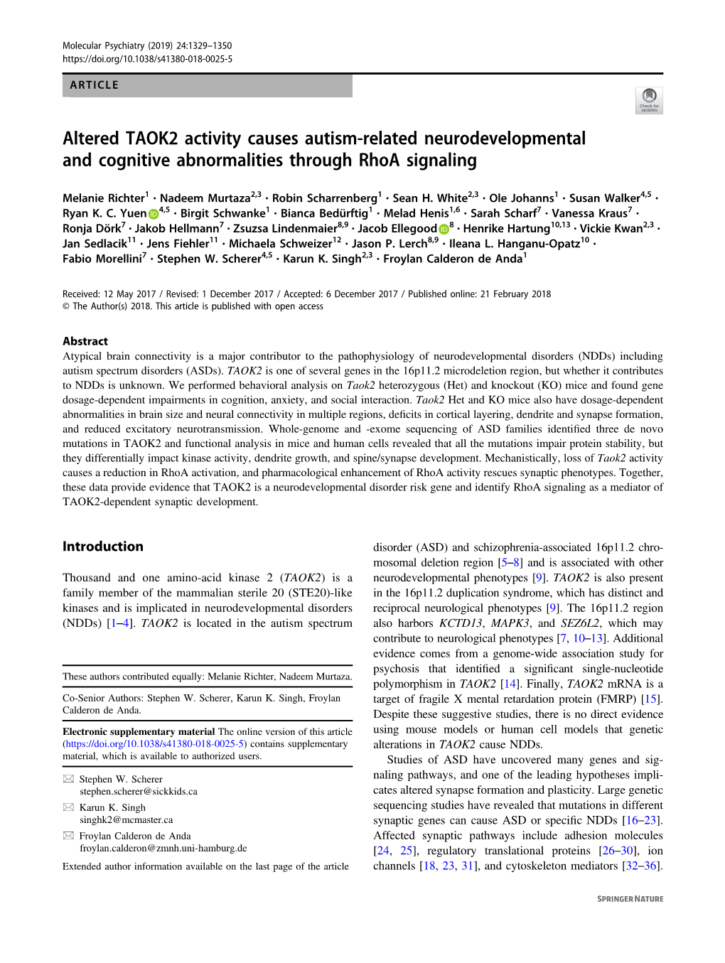 Altered TAOK2 Activity Causes Autism-Related Neurodevelopmental and Cognitive Abnormalities Through Rhoa Signaling