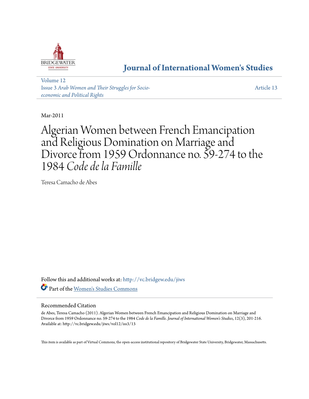 Algerian Women Between French Emancipation and Religious Domination on Marriage and Divorce from 1959 Ordonnance No