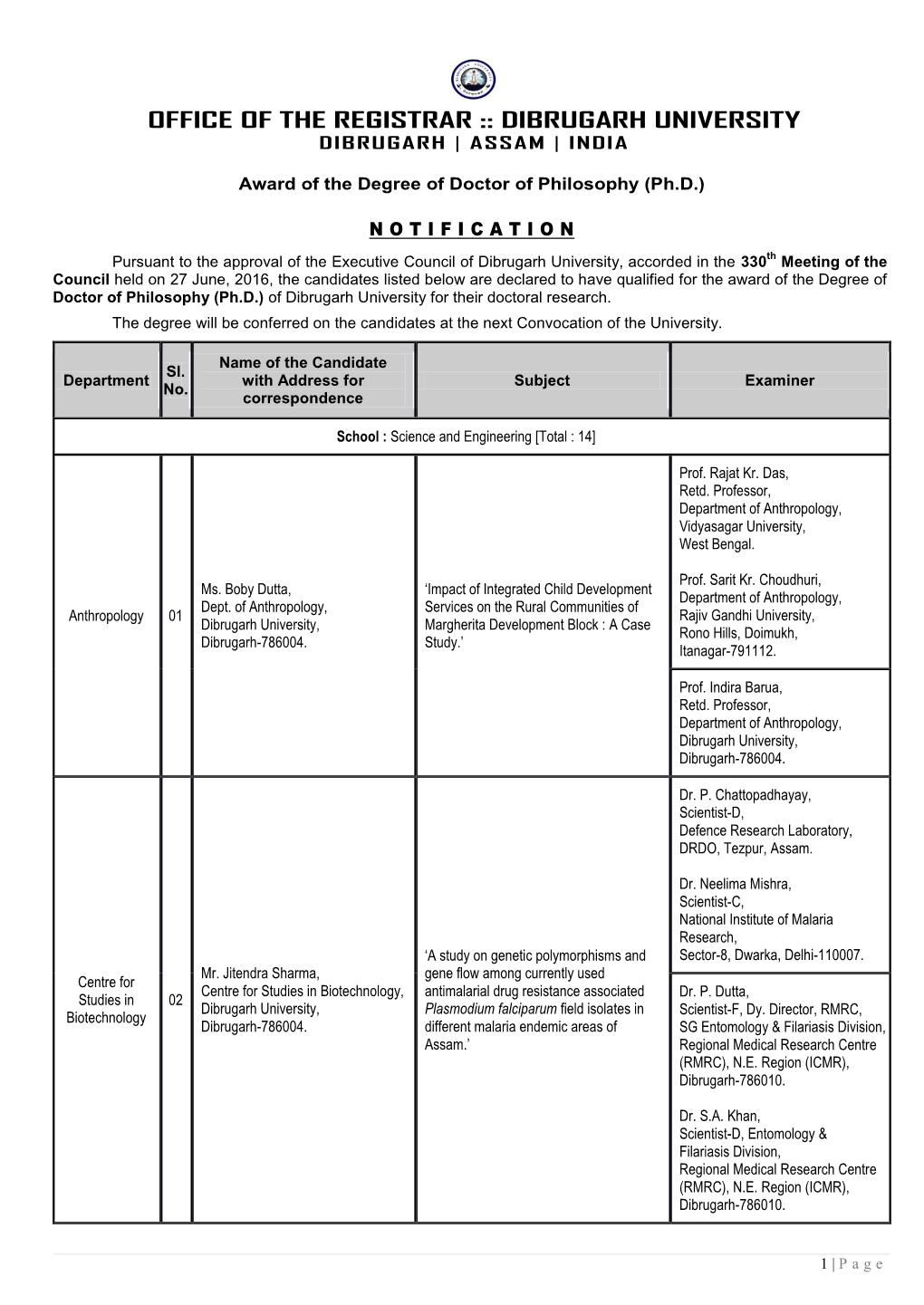 Office of the Registrar :: Dibrugarh University Dibrugarh | Assam | India