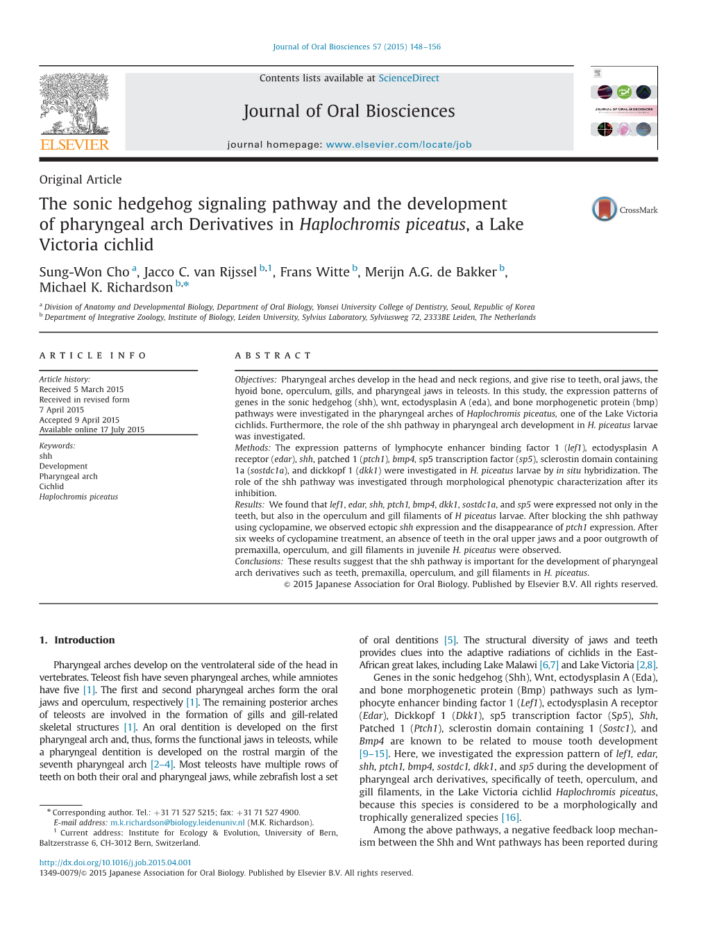 The Sonic Hedgehog Signaling Pathway and the Development of Pharyngeal Arch Derivatives in Haplochromis Piceatus, a Lake Victoria Cichlid