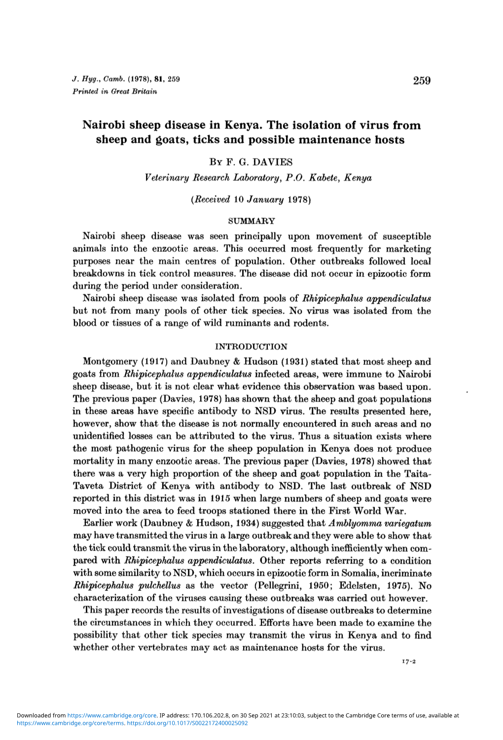 Nairobi Sheep Disease in Kenya. the Isolation of Virus from Sheep and Goats, Ticks and Possible Maintenance Hosts by F