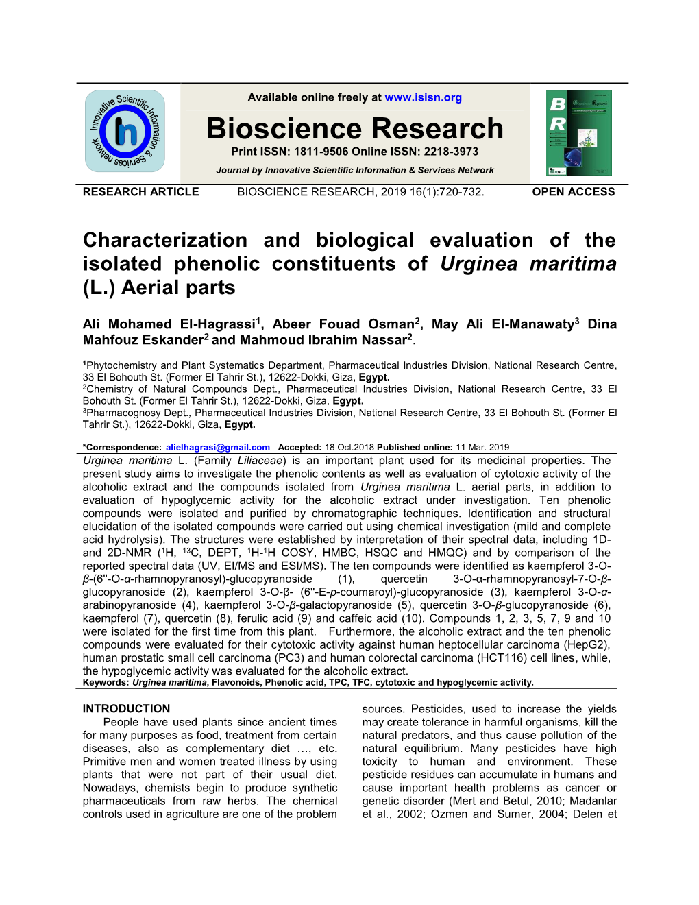 El-Hagrassi Et Al., Phenolics and Biology of Urginea Maritima Al., 2005)