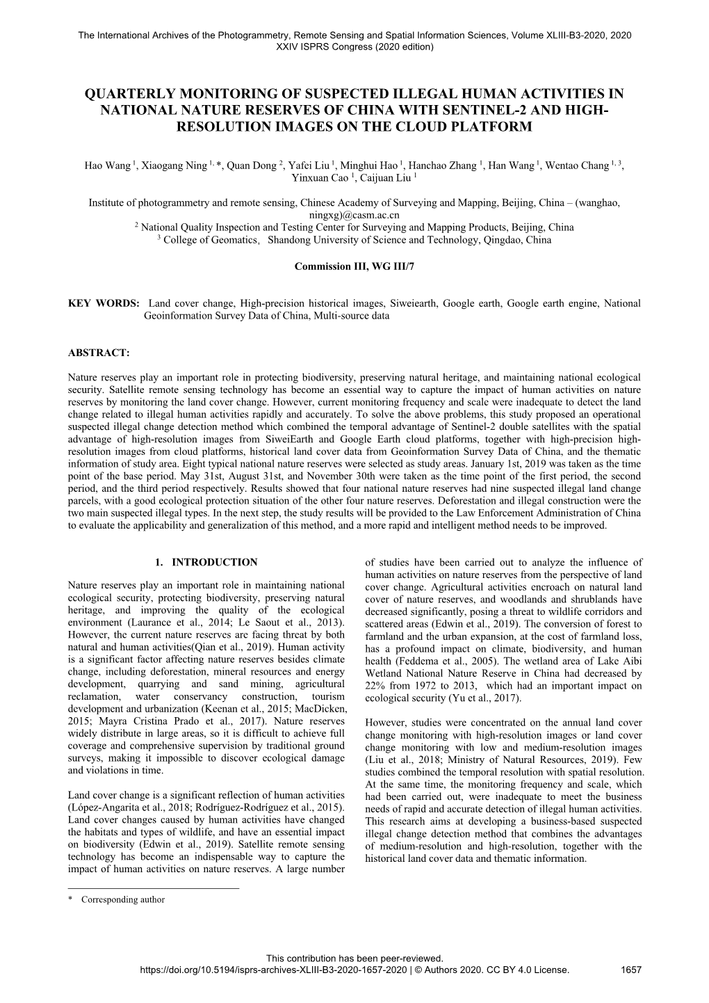 Quarterly Monitoring of Suspected Illegal Human Activities in National Nature Reserves of China with Sentinel-2 and High- Resolution Images on the Cloud Platform