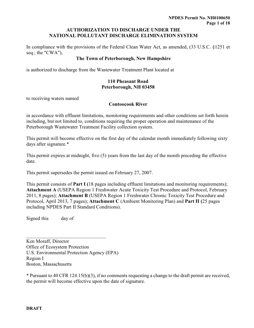 NPDES Permit No. NH0100650 Page 1 of 18 DRAFT