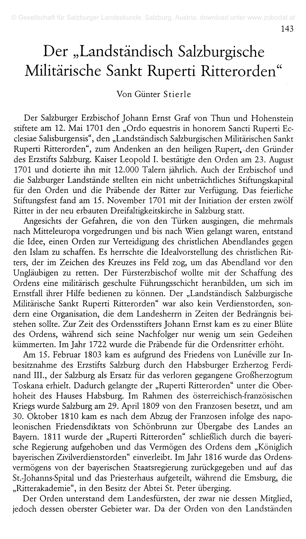 Der „Landständisch Salzburgische Militärische Sankt Ruperti Ritterorden“