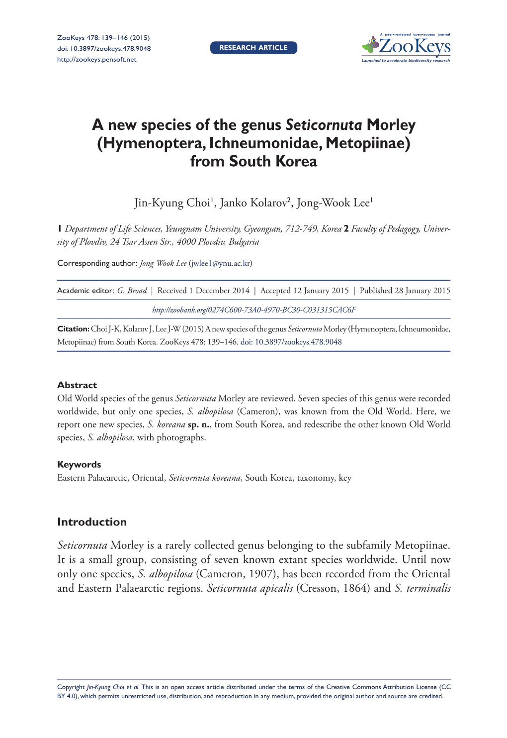 A New Species of the Genus Seticornutamorley (Hymenoptera