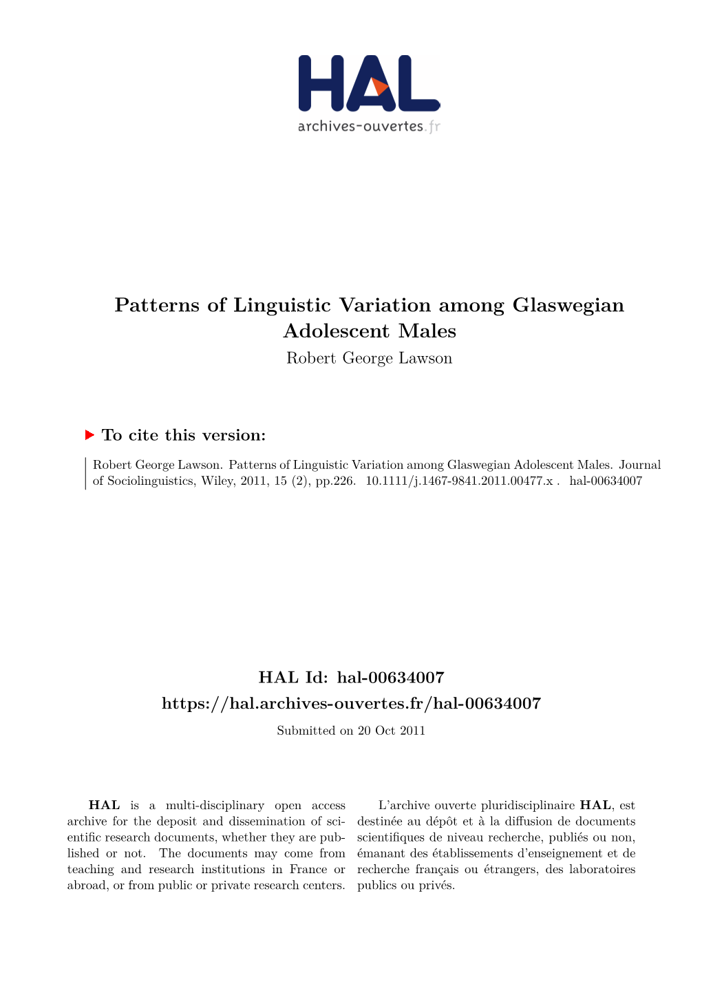 Patterns of Linguistic Variation Among Glaswegian Adolescent Males Robert George Lawson