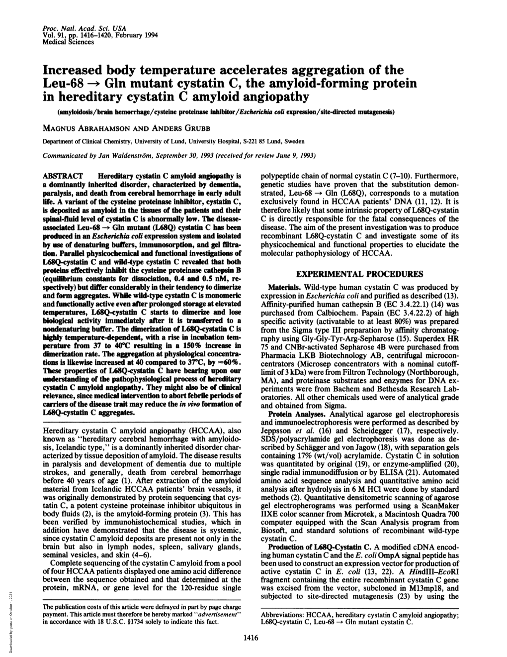 Gln Mutant Cystatin C, the Amyloid-Forming Protein