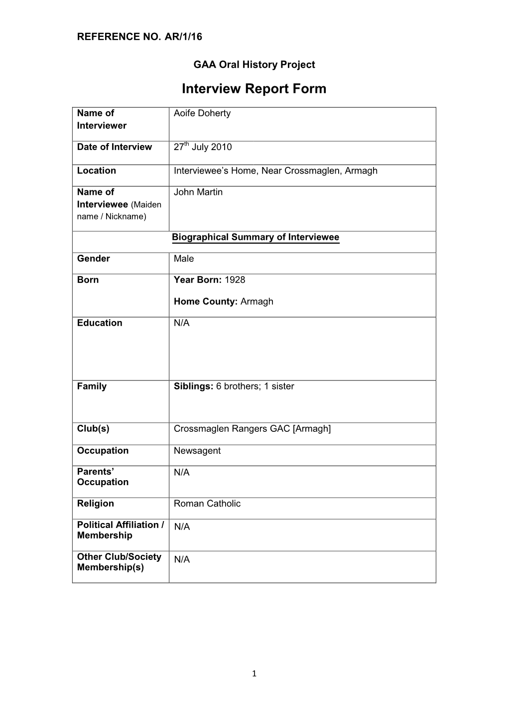 GAA Oral History Project Interview Report Form