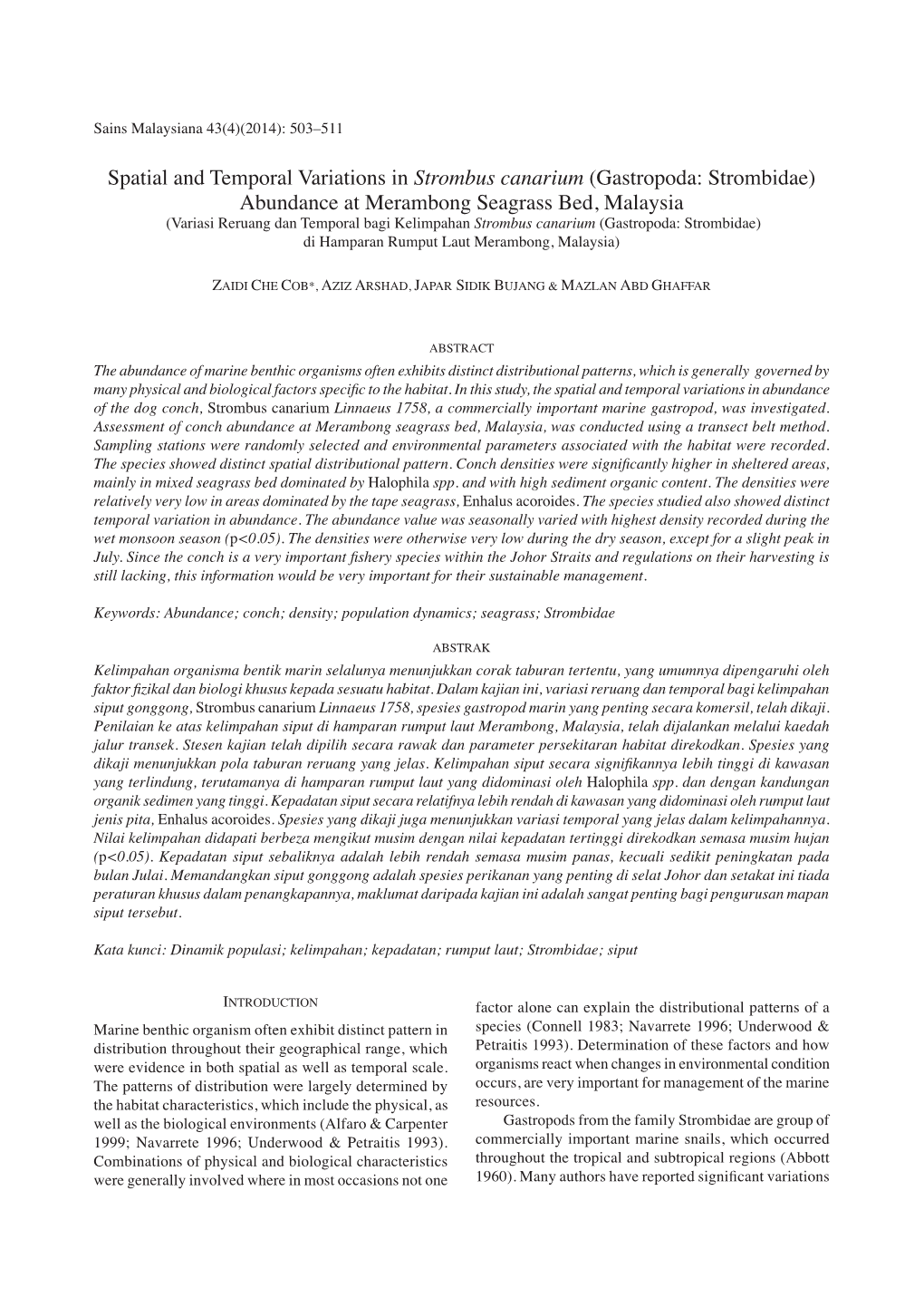 Spatial and Temporal Variations in Strombus Canarium (Gastropoda