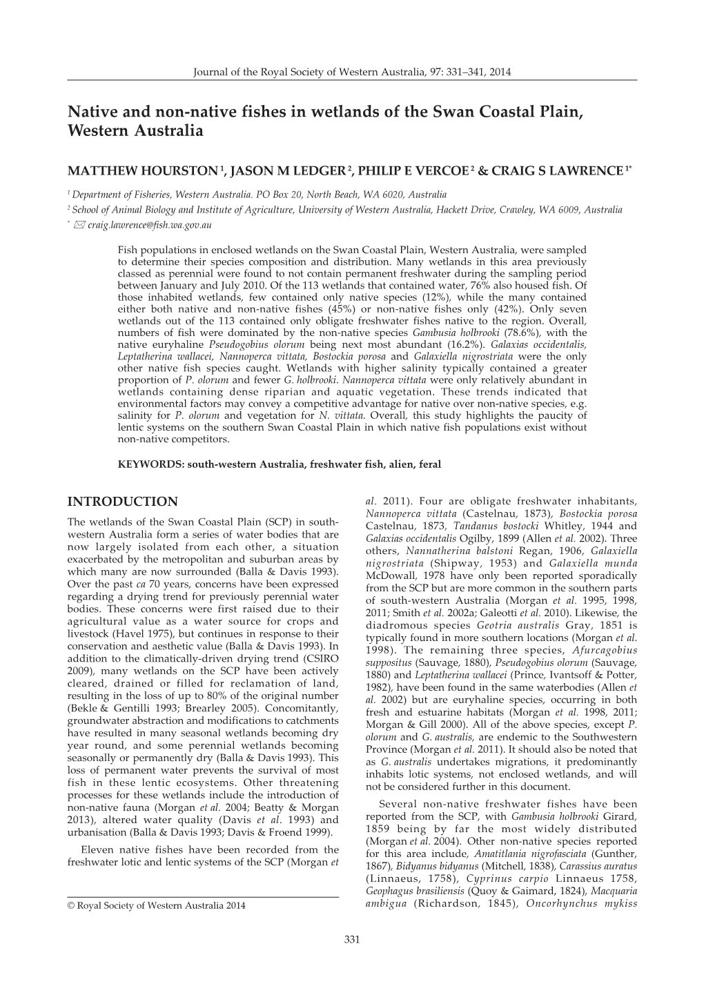 Native and Non-Native Fishes in Wetlands of the Swan Coastal Plain, Western Australia