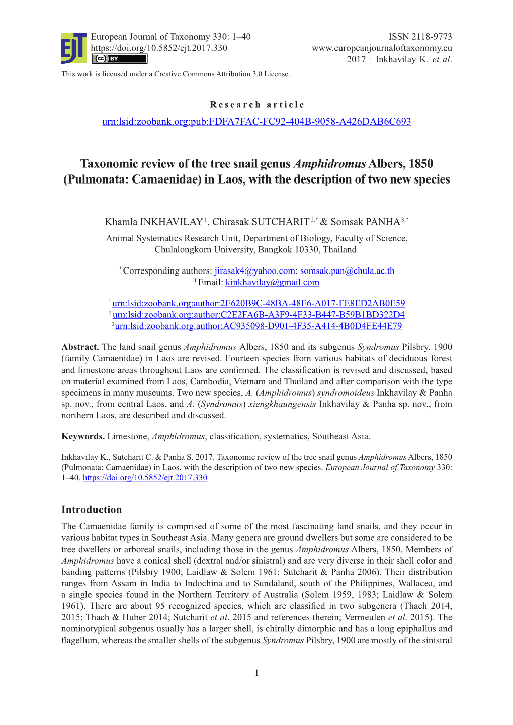 Taxonomic Review of the Tree Snail Genus Amphidromus Albers, 1850 (Pulmonata: Camaenidae) in Laos, with the Description of Two New Species