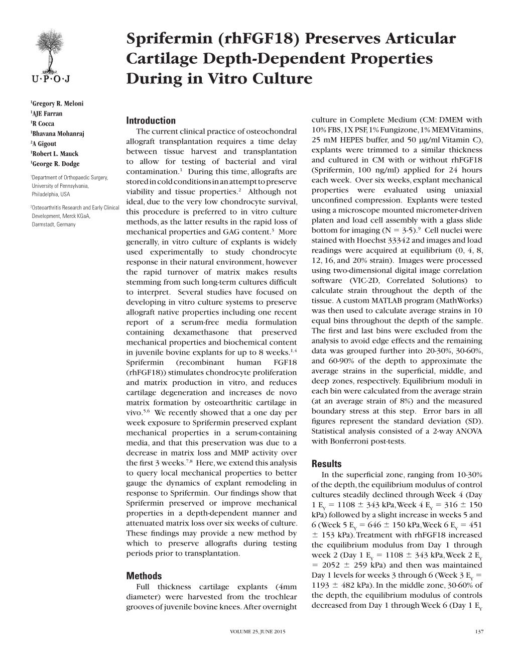 Sprifermin (Rhfgf18) Preserves Articular Cartilage Depth-Dependent Properties During in Vitro Culture