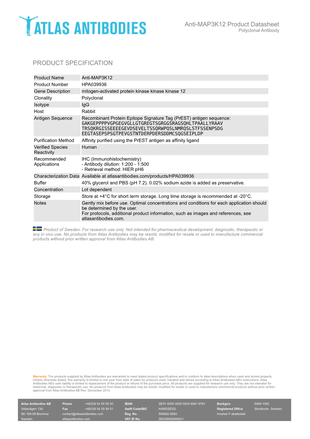 Anti-MAP3K12 Product Datasheet Polyclonal Antibody