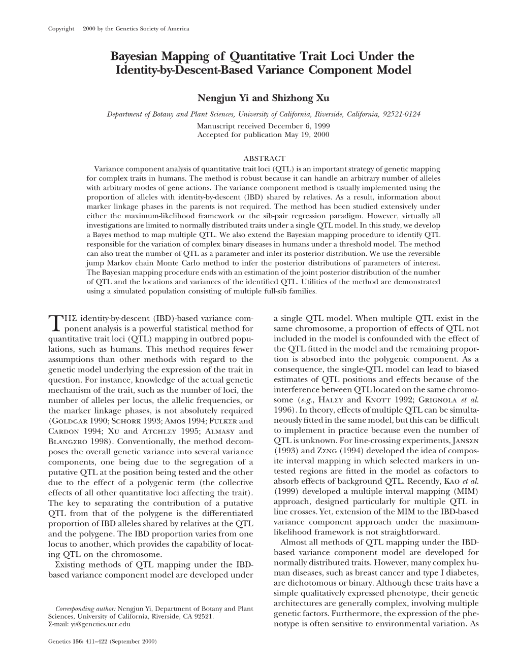 Bayesian Mapping of Quantitative Trait Loci Under the Identity-By-Descent-Based Variance Component Model