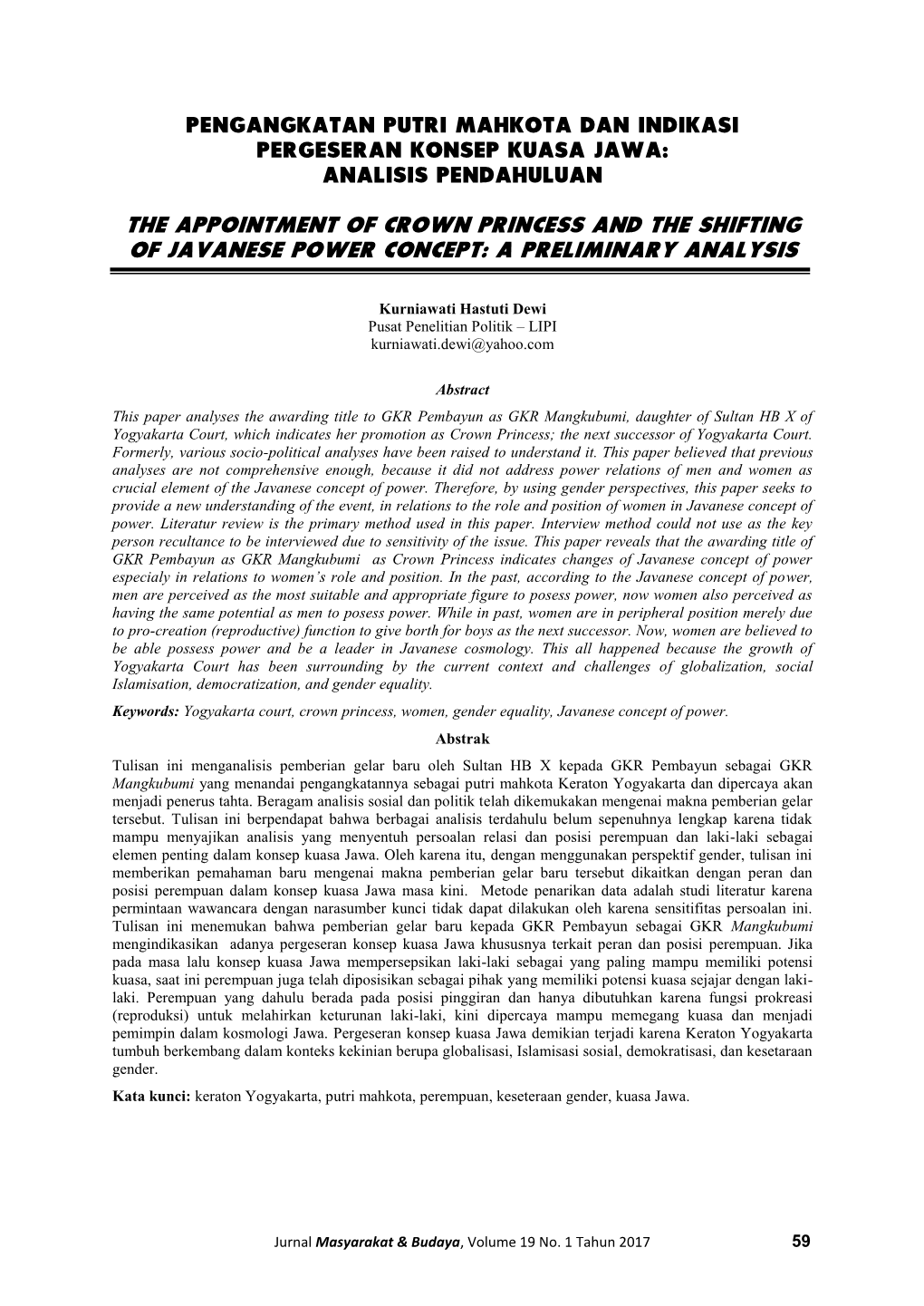 The Appointment of Crown Princess and the Shifting of Javanese Power Concept: a Preliminary Analysis