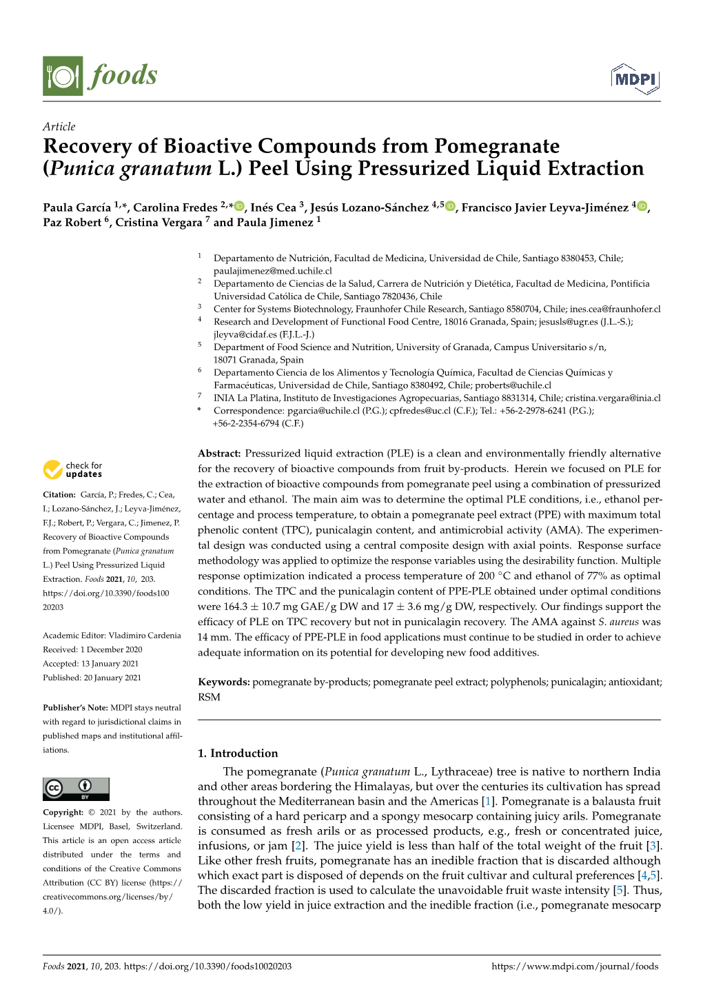 (Punica Granatum L.) Peel Using Pressurized Liquid Extraction