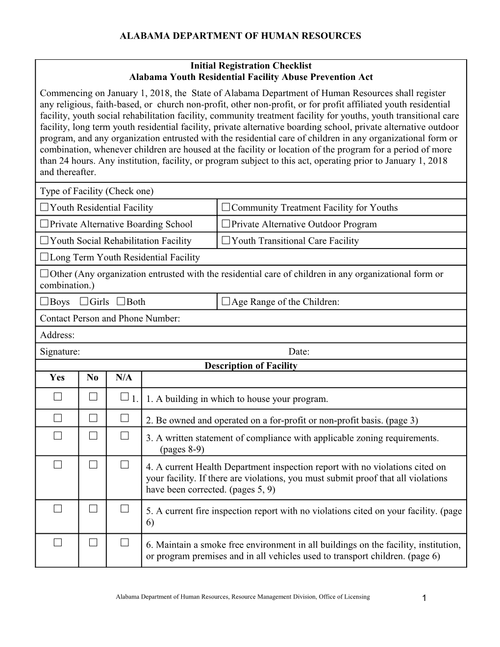 Checklist for Prospective Child Care Facility