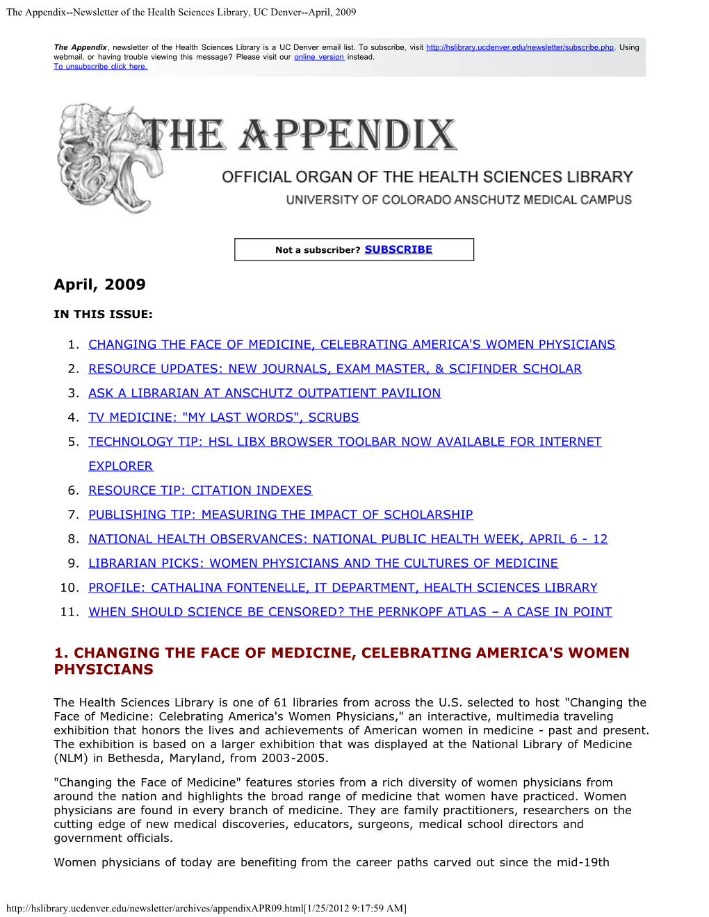 The Appendix--Newsletter of the Health Sciences Library, UC Denver--April, 2009