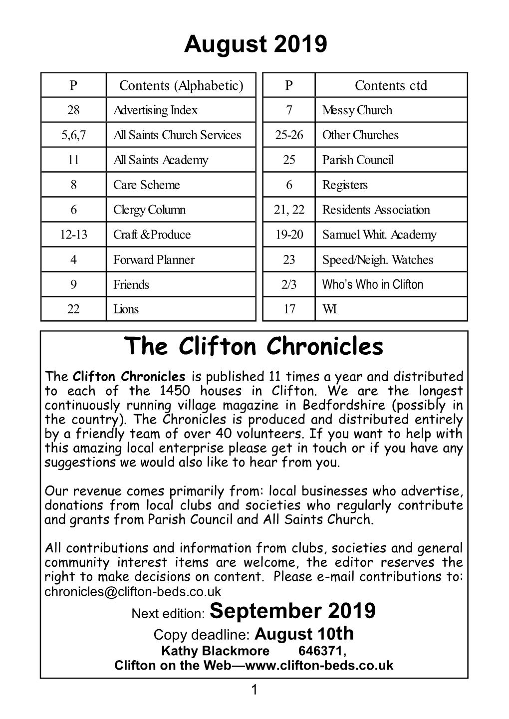 August 2019 the Clifton Chronicles