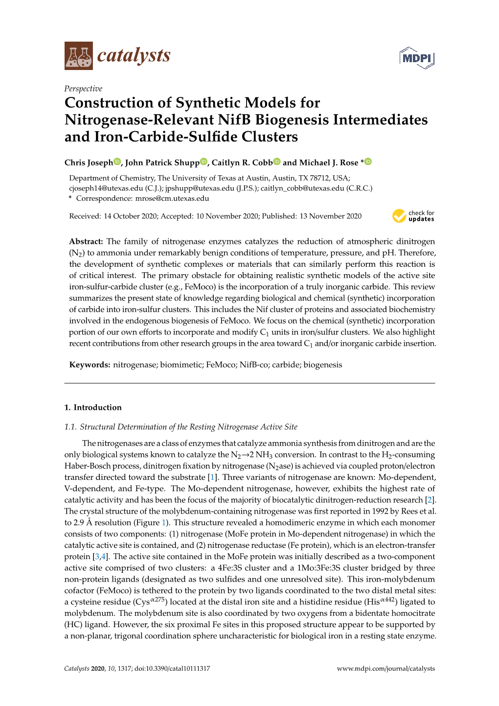 Construction of Synthetic Models for Nitrogenase-Relevant Nifb Biogenesis Intermediates and Iron-Carbide-Sulﬁde Clusters