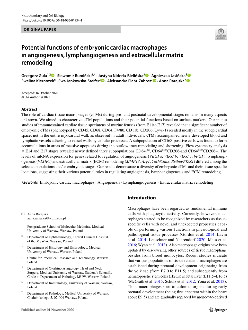 Potential Functions of Embryonic Cardiac Macrophages in Angiogenesis, Lymphangiogenesis and Extracellular Matrix Remodeling