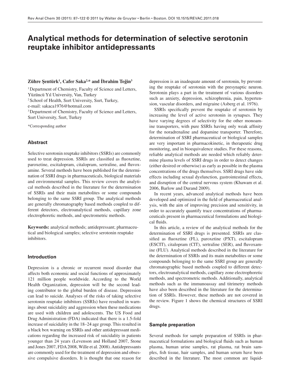 Analytical Methods for Determination of Selective Serotonin Reuptake Inhibitor Antidepressants