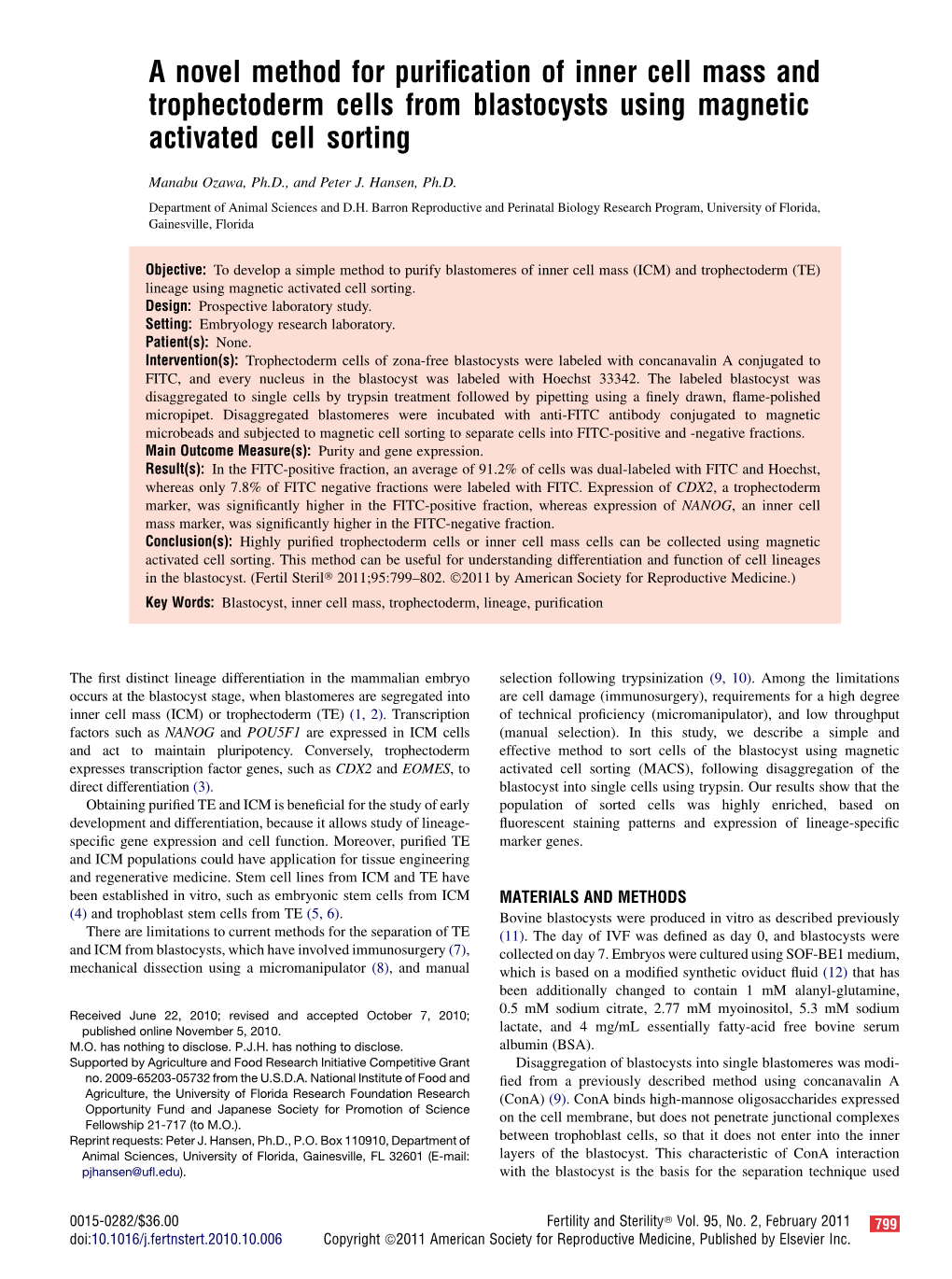 A Novel Method for Purification of Inner Cell Mass and Trophectoderm Cells