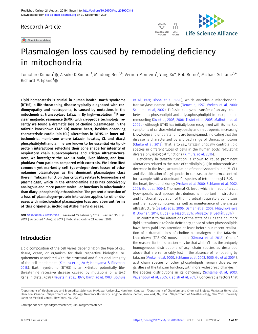 Plasmalogen Loss Caused by Remodeling Deficiency in Mitochondria