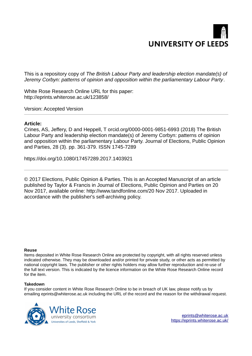 The British Labour Party and Leadership Election Mandate(S) of Jeremy Corbyn: Patterns of Opinion and Opposition Within the Parliamentary Labour Party