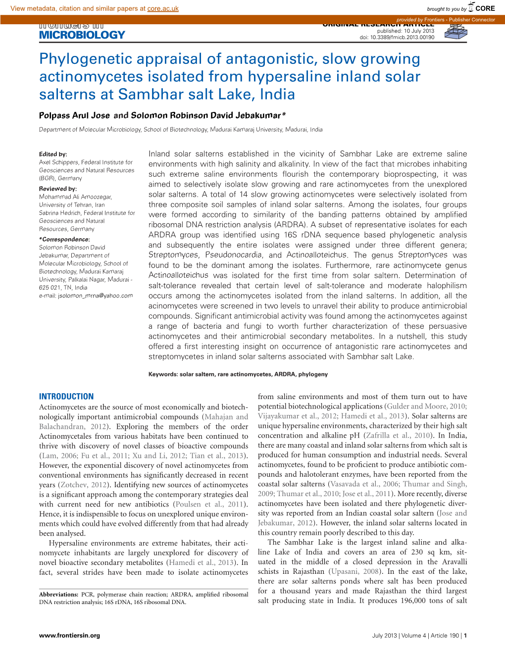 Phylogenetic Appraisal of Antagonistic, Slow Growing Actinomycetes Isolated from Hypersaline Inland Solar Salterns at Sambhar Salt Lake, India