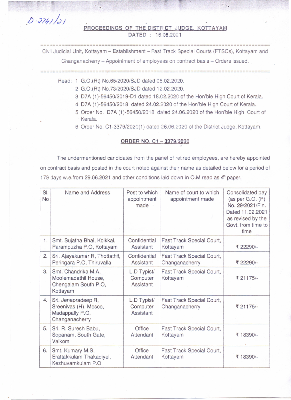 PROCEEDINGS of the DISTRICT JUDGE. KOTTAYAM DATED; 16.06.2021 ======Civ I Judicial Unit, Kottayam - Establishment - Fast Track Special Courts (Ftscs), Kottayam And