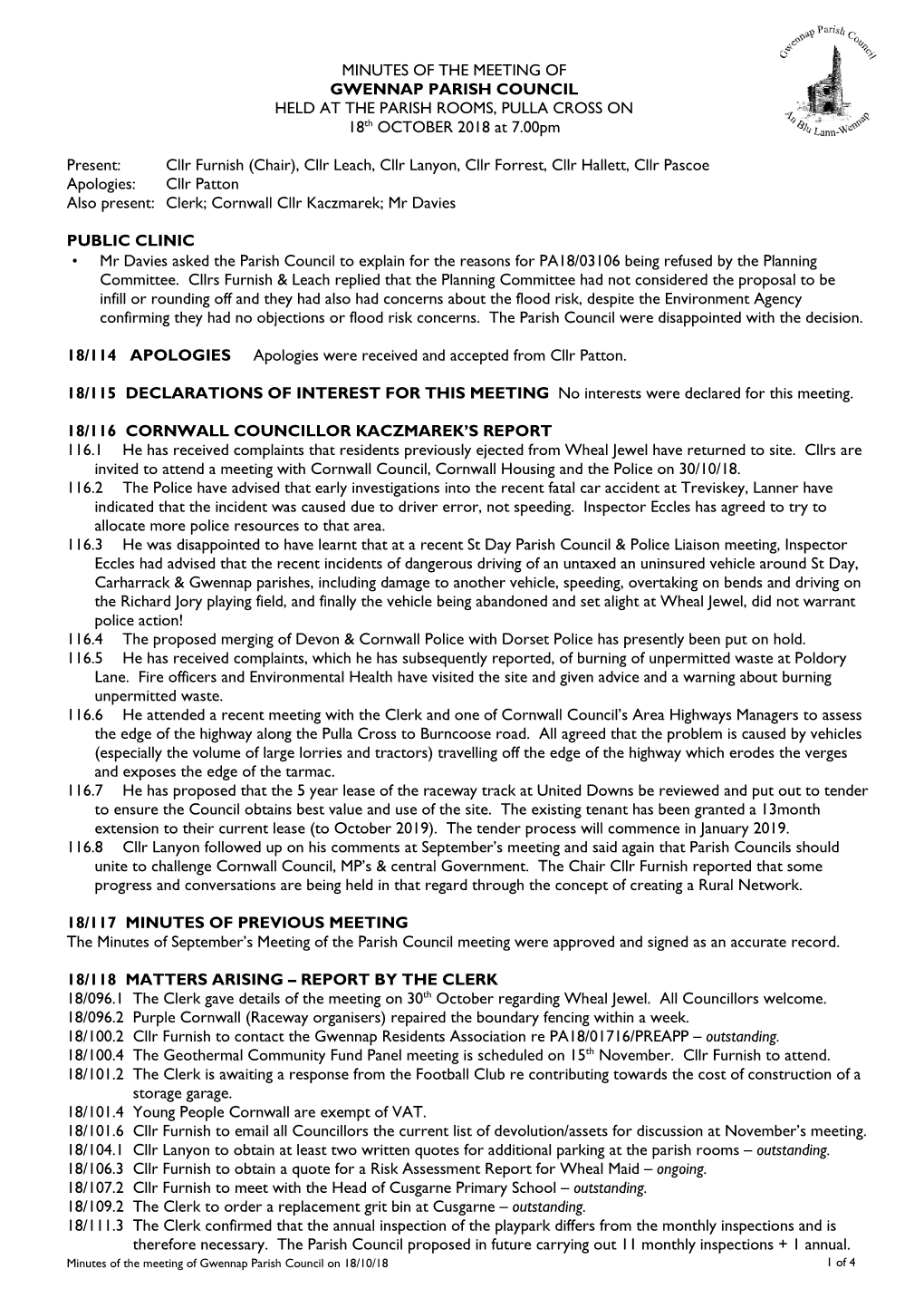 MINUTES of the MEETING of GWENNAP PARISH COUNCIL HELD at the PARISH ROOMS, PULLA CROSS on 18 Th OCTOBER 2018 at 7.00Pm