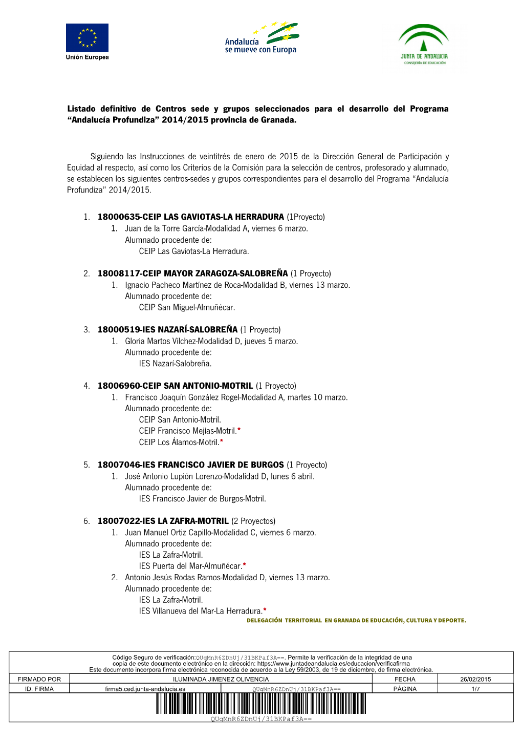 Andalucía Profundiza” 2014/2015 Provincia De Granada