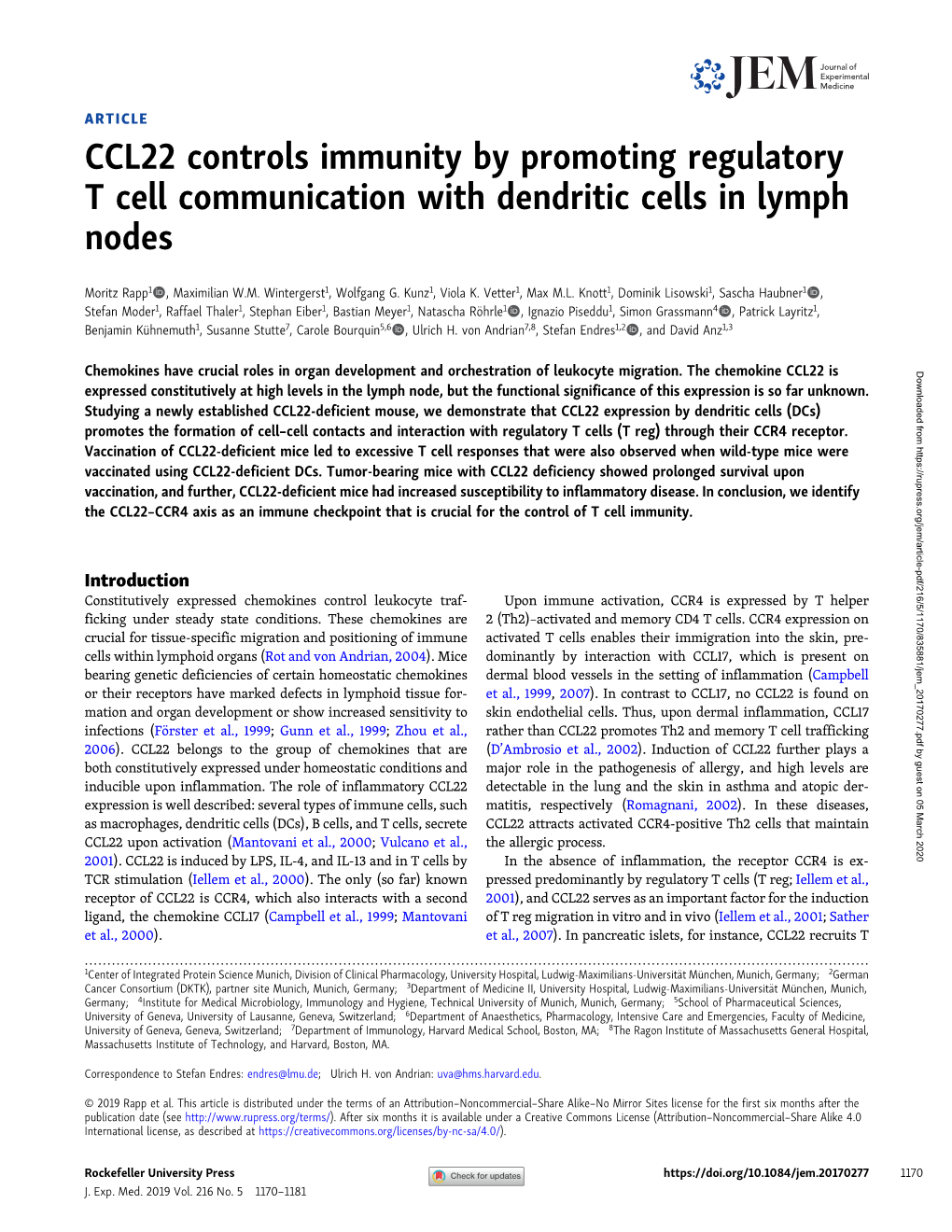 CCL22 Controls Immunity by Promoting Regulatory T Cell Communication with Dendritic Cells in Lymph Nodes
