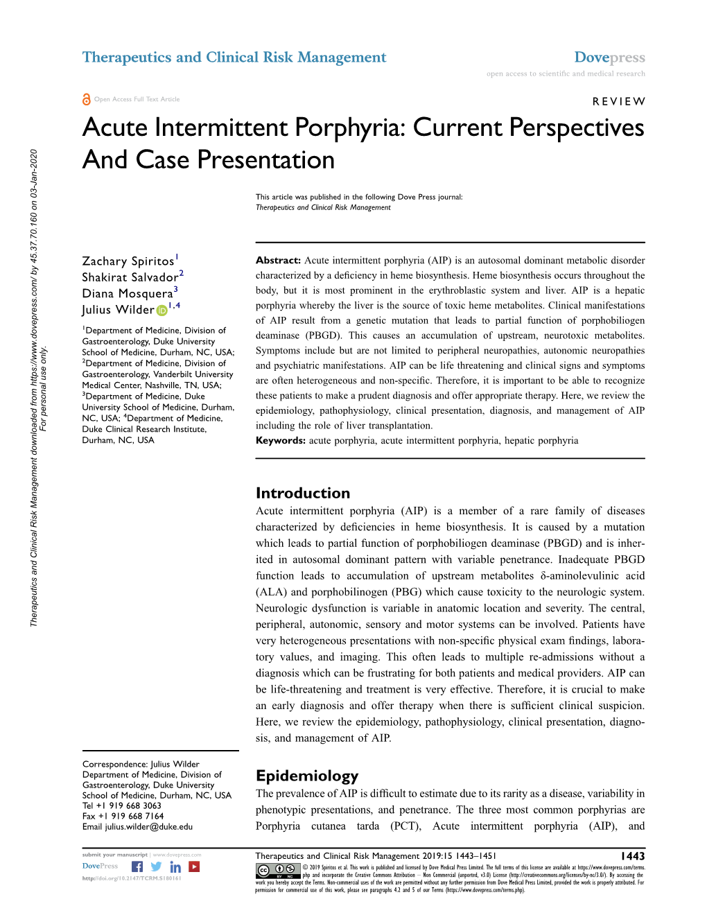 Acute Intermittent Porphyria: Current Perspectives and Case Presentation