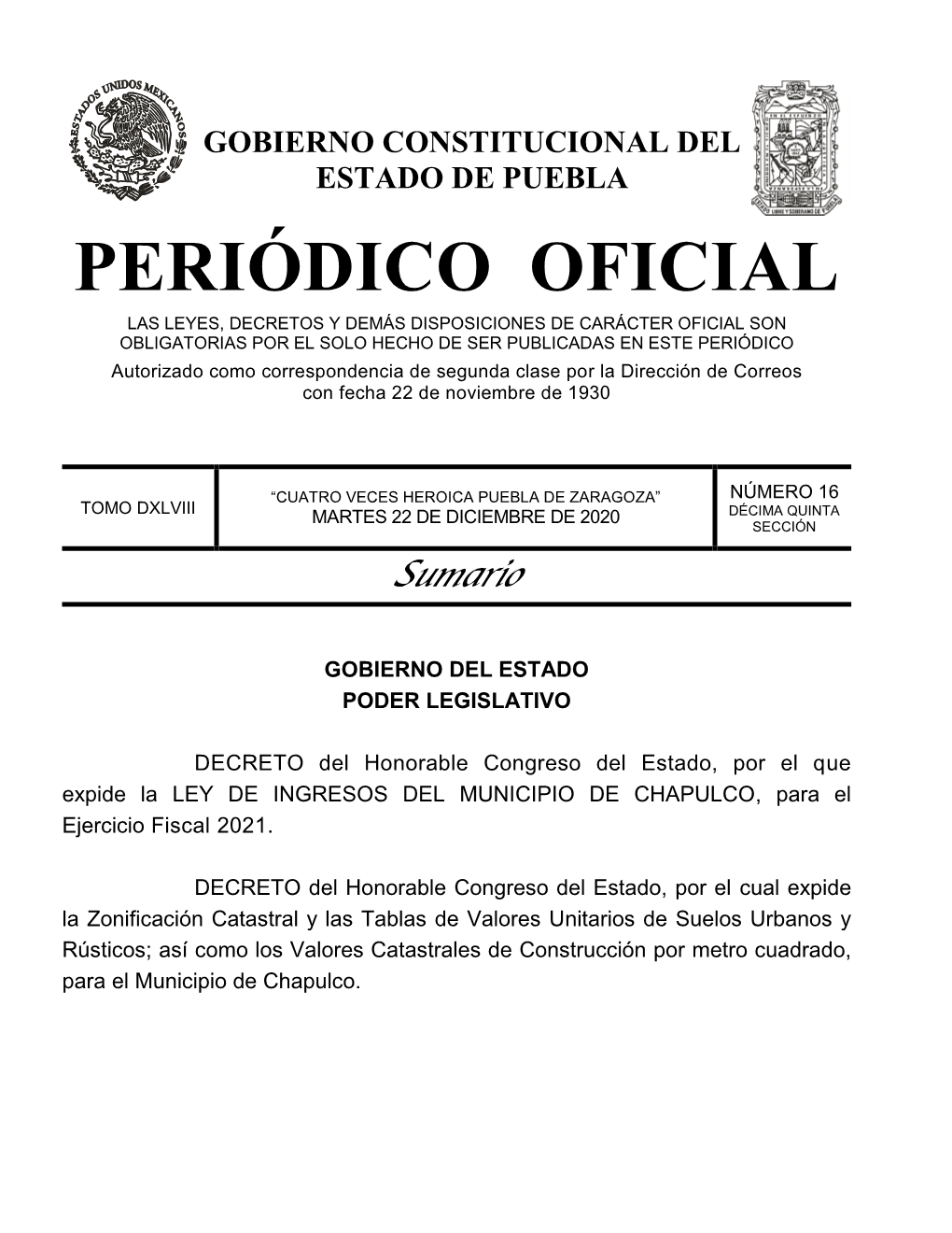 LEY DE INGRESOS DEL MUNICIPIO DE CHAPULCO, Para El Ejercicio Fiscal 2021